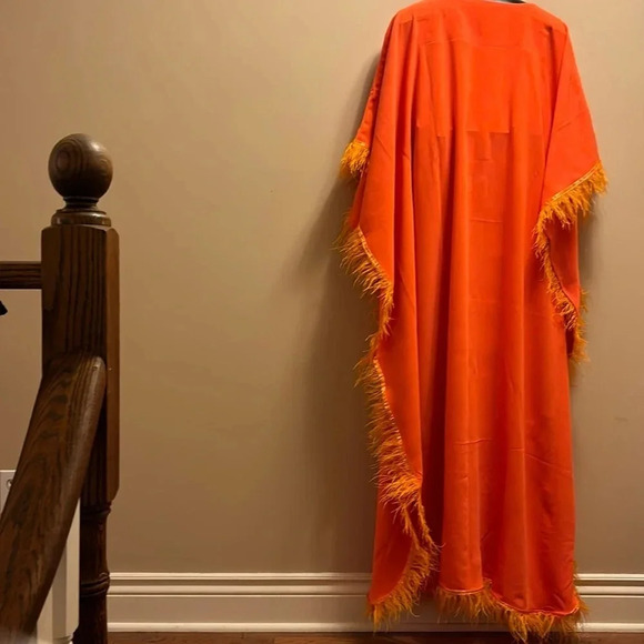 Vintage 1970’s Couture style Fashion Satin Osteich Feather Trim Kaftan - Picture 14 of 15